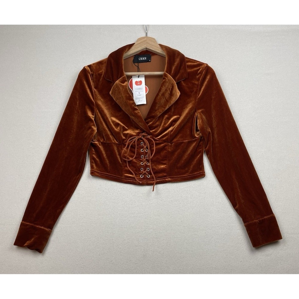 New Cider Velvet Lace Up Women's Crop Top Rust Small BOHO Romantic Pullover NWT